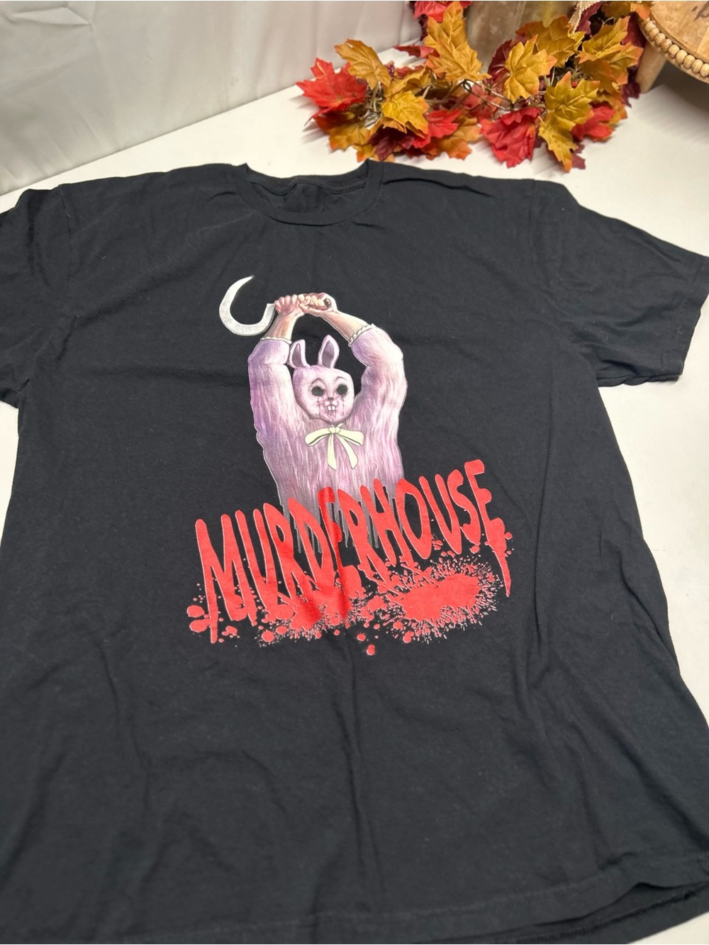 Murder House Graphic Tee - Black with Pink Bunny Print